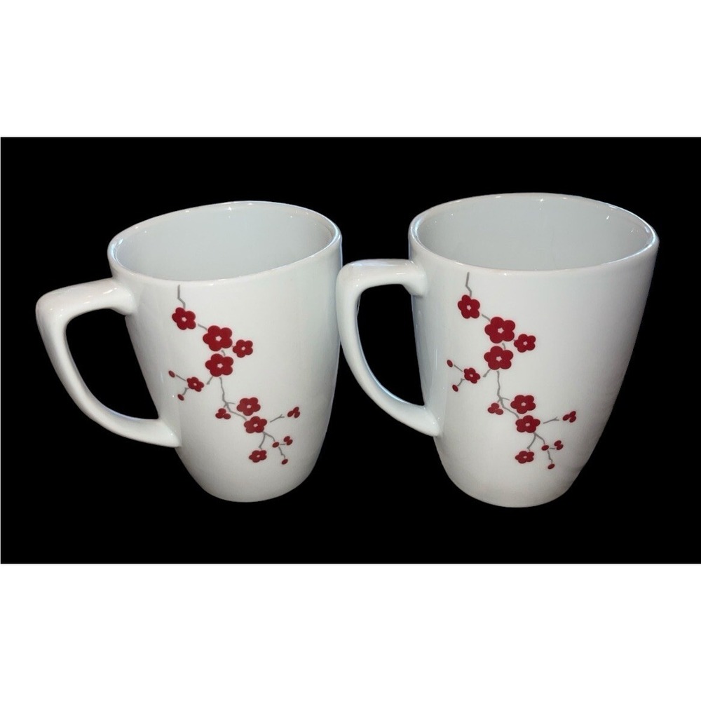 2 Vintage Corelle Hanami Garden Red Floral Porcelain Coffee Mugs Cups Cup Mug